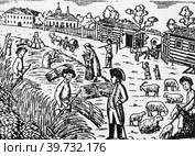 Старинная гравюра. Крестьяне за уборкой урожая. Стоковое фото, фотограф Игорь Низов / Фотобанк Лори