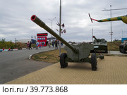 Каменск – Шахтинский, Ростовская область, Россия. Военная техника, артиллерия, мощная 100мм противотанковая пушка Рапира. (2020 год). Редакционное фото, фотограф Андрей Цыганков / Фотобанк Лори