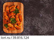 Chicken naggets with sauces on dark background. Стоковое фото, фотограф Татьяна  Бральнина / Фотобанк Лори