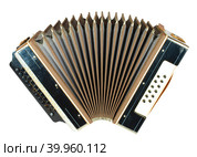 A very old accordion, one button is not, isolated on white background. Стоковое фото, фотограф Сизов Иван Николаевич / Фотобанк Лори