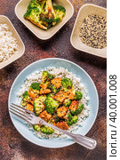 Fried tempeh with rice and broccoli. Стоковое фото, фотограф Татьяна  Бральнина / Фотобанк Лори