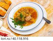 Russian dish Shchi - sour cabbage soup served in bowl. Стоковое фото, фотограф Яков Филимонов / Фотобанк Лори