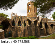 Exterior view of guell crypt, masterpiece gaudi architecture located at catalunya outside town. Стоковое фото, фотограф Яков Филимонов / Фотобанк Лори