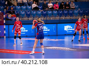 Гандбольный матч предварительного этапа Olimpbet Суперлиги 2022/23 между женскими командами ЦСКА (Москва. Россия) и «Астраханочка» (Астрахань. Россия). Стадион «Динамо» (2023 год). Редакционное фото, фотограф Pukhov K / Фотобанк Лори