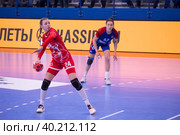 Шаркова Полина (24) в  гандбольном матче предварительного этапа Olimpbet Суперлиги 2022/23 между женскими командами ЦСКА (Москва. Россия) и «Астраханочка» (Астрахань. Россия). Стадион «Динамо» (2023 год). Редакционное фото, фотограф Pukhov K / Фотобанк Лори