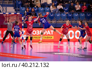 Гандбольный матч предварительного этапа Olimpbet Суперлиги 2022/23 между женскими командами ЦСКА (Москва. Россия) и «Астраханочка» (Астрахань. Россия). Стадион «Динамо» (2023 год). Редакционное фото, фотограф Pukhov K / Фотобанк Лори