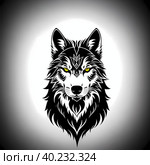 Wolf Fenrir's head, sticker or tatoo design, black on white background. AI generated image. Стоковое AI-изображение, AI-художник Сергей Старуш / Фотобанк Лори