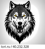Wolf Fenrir's head, sticker or tatoo design, black on white background. AI generated image. Стоковое AI-изображение, AI-художник Сергей Старуш / Фотобанк Лори