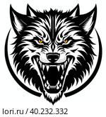 Wolf Fenrir's head, sticker or tatoo design, black on white background. AI generated image. Стоковое AI-изображение, AI-художник Сергей Старуш / Фотобанк Лори