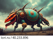 Diabolical beast with large incisors, multiple horns, putrefied remains, wild empty eyes, dripping fangs, half-decomposed bones, menacingly alive. AI generated. Стоковое AI-изображение, AI-художник Сергей Старуш / Фотобанк Лори