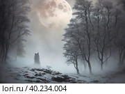 A cliff looking like giant wolf, warg Fenrir, looking at you trough snow covered trees in the northern forest at twilight. AI generated. Стоковое AI-изображение, AI-художник Сергей Старуш / Фотобанк Лори