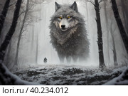 Giant wolf, warg Fenrir, looking at you trough snow covered trees in the northern forest at twilight. AI generated. Стоковое AI-изображение, AI-художник Сергей Старуш / Фотобанк Лори