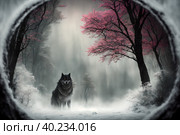 Beautiful northern landscape with giant wolf, warg Fenrir, AI generated. Стоковое AI-изображение, AI-художник Сергей Старуш / Фотобанк Лори