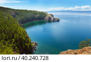 Summer landscape of Baikal Lake. View from coast of Olkhon Island to Small Sea and Cape Sagan-Khushun. Beautiful summer seascape. Natural background. Summer travel and outdoor recreation. Стоковое фото, фотограф Виктория Катьянова / Фотобанк Лори
