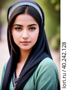 Portrait of a beautiful Iranian woman in a blue hijab shawl.  AI generative. Стоковое AI-изображение, AI-художник Роман Дзюбало / Фотобанк Лори