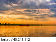 Evening landscape of the river with a tanker on it. Стоковое фото, фотограф Владимир Ушаров / Фотобанк Лори