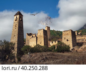 Old Egical towers complex, one of the largest medieval castle-type tower villages, located on the extremity of the mountain range in Ingushetia, Russia (2022 год). Стоковое фото, фотограф Саблин Станислав / Фотобанк Лори