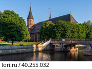 View of the Koningberg Cathedral on Immanuel Kant Island against the background of the Honey Bridge over the Pregolya River on a sunny summer day, Kaliningrad, Russia. Стоковое фото, фотограф Ula Ulachka / Фотобанк Лори