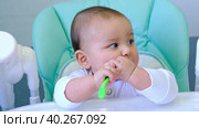 A hungry baby is gnawing on a plastic spoon at the table on a high chair. Teething, whims, itchy gums, introduction of complementary foods. Стоковое видео, видеограф Ольга Симонова / Фотобанк Лори