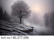 Beautiful frozen northern landscape at sunset during bliszard, AI generative. Стоковое AI-изображение, AI-художник Сергей Старуш / Фотобанк Лори