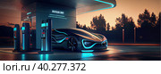 Panorama - a beautiful super car with green neon LED lights is refueled at an ultramodern designer gas station with hydrogen fuel AI generated. Стоковое AI-изображение, AI-художник Владимир Разгуляев / Фотобанк Лори