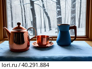 Morning aromatic coffee on a frosty winter morning. Image generated by artificial intelligence. Стоковое AI-изображение, AI-художник Сергей Елизарьев / Фотобанк Лори