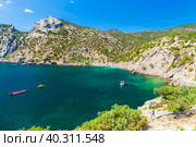 Pleasure boats at the Cape Kapchik, Crimean landscape with Black Sea (2020 год). Стоковое фото, фотограф EugeneSergeev / Фотобанк Лори