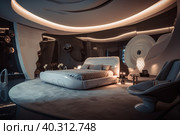 A architectural view to comfortable futiristic bedroom. AI generative image. Стоковое AI-изображение, AI-художник Сергей Старуш / Фотобанк Лори