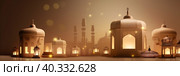 Postcard for the holiday Eid al adha. Mosques and minarets, lanterns on a beige background. With Generative AI tehnology. Стоковое AI-изображение, AI-художник Мария Фадеева / Фотобанк Лори