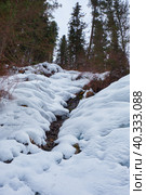 Footpath in winter taiga forest under heavy snow along Tevenek river on the bank of Teletskoe lake. Altai. Стоковое фото, фотограф Сергей Пристяжнюк (Serg Zastavkin) / Фотобанк Лори