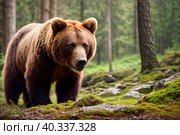 Brown bear in a coniferous forest. Generative AI. Стоковое AI-изображение, AI-художник Mixail59 / Фотобанк Лори