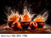 Two red apples and three clay pots on a dark background. Стоковое AI-изображение, AI-художник Ярославский Максим / Фотобанк Лори