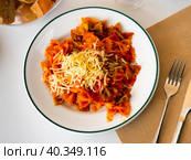 Lazos con tomate, spanish pasta in tomato sauce. Стоковое фото, фотограф Яков Филимонов / Фотобанк Лори