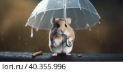 A hamster standing under an umbrella in the rain. AI generative image. Стоковое AI-изображение, AI-художник Сергей Старуш / Фотобанк Лори
