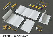 Брошюра на темном фоне. 3D-рендеринг макета брошюры формата А5 с двумя линиями сгиба в разных вариантах раскрытия. Стоковая иллюстрация, иллюстратор Юлия Мелешина / Фотобанк Лори