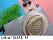 A flat with a gray tourist suitcase, a smartphone, and glasses on a pink-blue background. Стоковое фото, фотограф Ярославский Максим / Фотобанк Лори