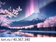 Spring sakura blossoms against the backdrop of Mount Fuji, landscape. Стоковое AI-изображение, AI-художник Сергей Елизарьев / Фотобанк Лори