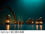 Postcard for the holiday Eid al adha. Mosques and minarets, lanterns on a dark background. With Generative AI tehnology. Стоковое AI-изображение, AI-художник Мария Фадеева / Фотобанк Лори