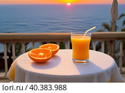 Sunrise over the sea, oranges and a glass of juice on the table. Стоковое AI-изображение, AI-художник Сергей Елизарьев / Фотобанк Лори