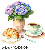 Watercolor still life with ultramarine hydrangeas in a vase, a cup of coffee and a croissant. Isolated on a white background. Акварельный натюрморт с ультрамариновыми гортензиями в вазе, чашкой кофе и круассаном. Изолирован на белом фоне. Стоковая иллюстрация, иллюстратор Павленко Марина / Фотобанк Лори