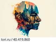 Vibrant double exposure of the city skyline onto the silhouette of a man. Стоковое AI-изображение, AI-художник Ярославский Максим / Фотобанк Лори