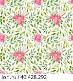 Watercolor seamless Pattern with pink Rose Flowers and green leaves. Floral romantical hand drawn illustration on isolated background for wrapping paper or textile design. Botanical ornament. Стоковая иллюстрация, иллюстратор Алиса Александрова / Фотобанк Лори