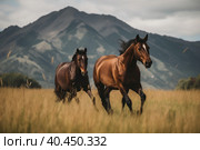 Two horses running in a field with mountains in the background. Generative AI image. Стоковое AI-изображение, AI-художник Сергей Старуш / Фотобанк Лори