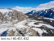 Горный Алтай зимой. Курайский хребет. Вид с воздуха. Altai mountains in winter. Kurai ridge. Aerial view. Стоковое фото, фотограф Евгений Романов / Фотобанк Лори