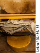 Beekeeper's protective clothing, honeycomb and wax. Стоковое фото, фотограф Iva Noel / Фотобанк Лори