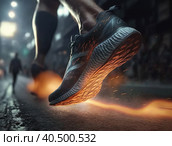Runner feet running on road closeup on shoe. woman fitness sunrise jog workout welness concept. Стоковое AI-изображение, AI-художник Sergey Grishin / Фотобанк Лори