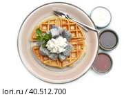 Plate of Belgium waffles with sliced dragon fruit and ice cream isolated on white background. Стоковое фото, фотограф Татьяна Терехина / Фотобанк Лори