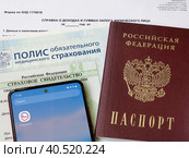 Личные данные в электронном приложении "Государственные услуги": паспорт гражданина РФ, медицинский полис, СНИЛС и справка о доходах (2023 год). Редакционное фото, фотограф Татьяна Т / Фотобанк Лори