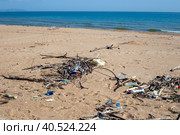Sandy beach with a lot of garbage on the shore. Ecological catastrophy. Стоковое фото, фотограф Коханова Наталья / Фотобанк Лори