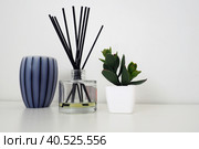 Aroma sticks in a glass cubic vase with essential oils. Interior decor. White background. Crassula plant in a pot. Scented candle in a striped glass. Still life composition. Copy space. Стоковое фото, фотограф Юлия Петровская / Фотобанк Лори